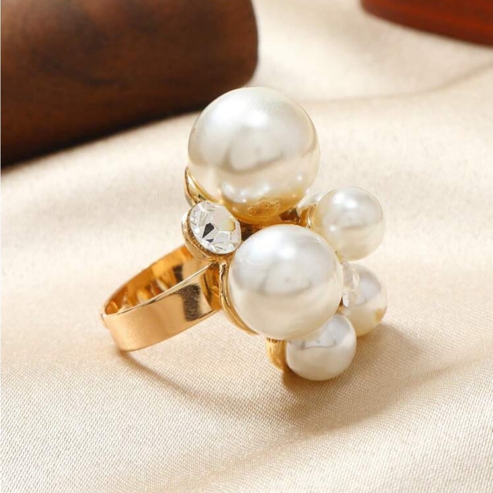 Elegant Gold Pearl Cluster Ring. Adjustable